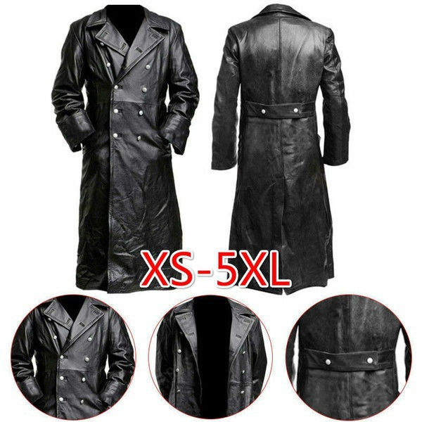 Men's GERMAN CLASSIC WW2 MILITARY UNIFORM OFFICER BLACK LEATHER TRENCH COAT