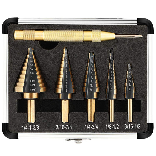 Step Drill Bit Set 5-Piece Titanium-Coated High Speed Steel with Automatic Cent image 0