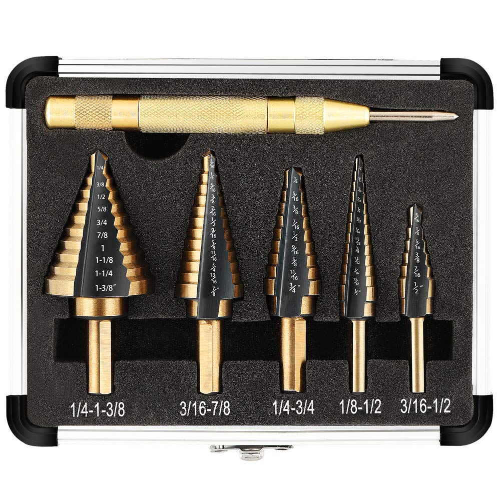 Step Drill Bit Set 5-Piece Titanium-Coated High Speed Steel with Automatic Cent image 0