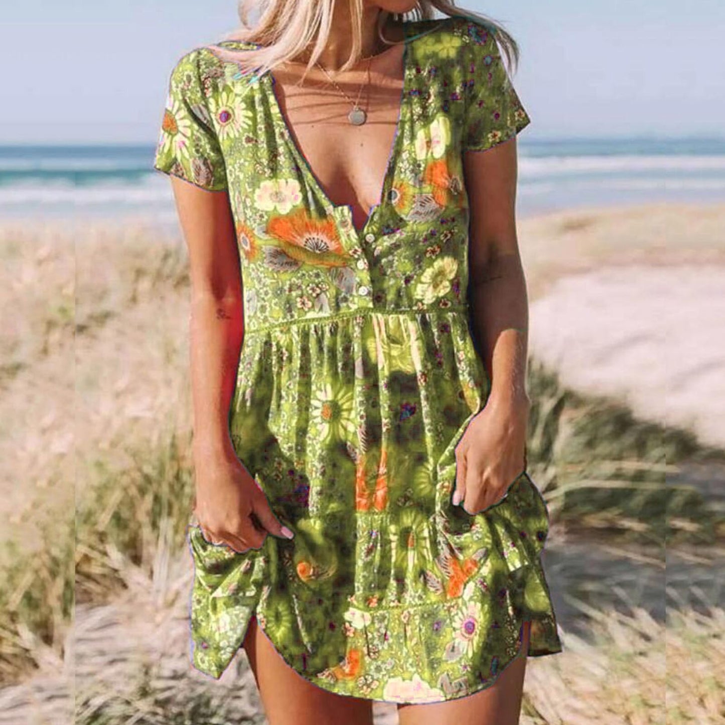 Women Green Dresses Summer 2022 Wrap Bohemian Floral Printed Ruffle