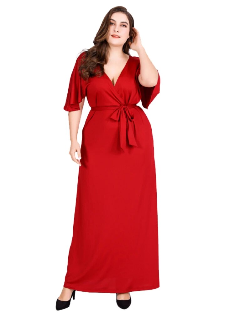 Plus Size Dress for Womenummer Deep V Neck Ruffles Short Sleeve Casual Long D