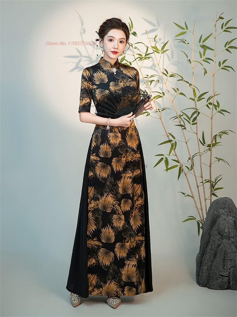 2024 vietnam traditional dress aodai chinese vintage qipao national flower prin