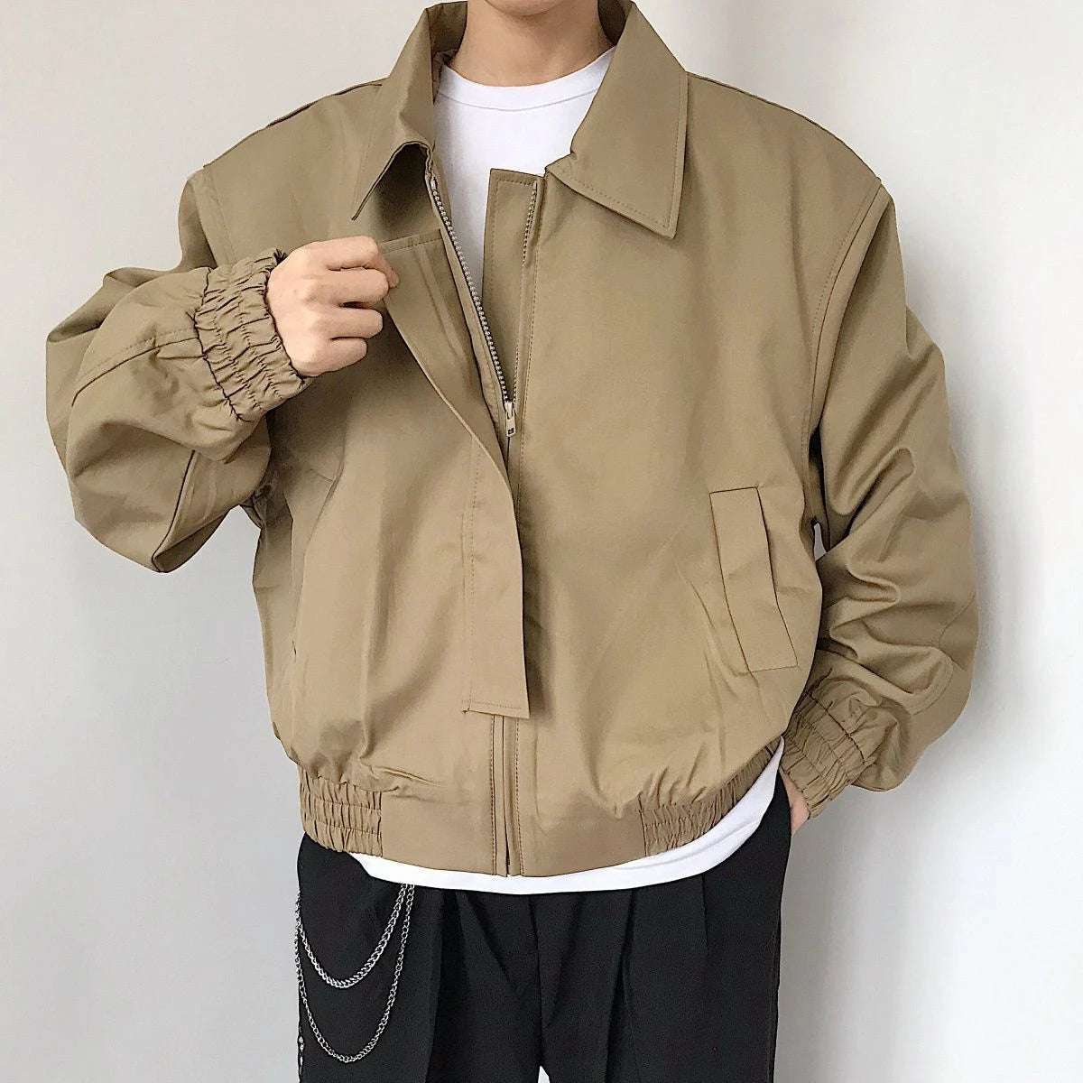 Autumn Korean Fashion New Short Men'S Jackets Long Sleeve Khaki Square Collar L