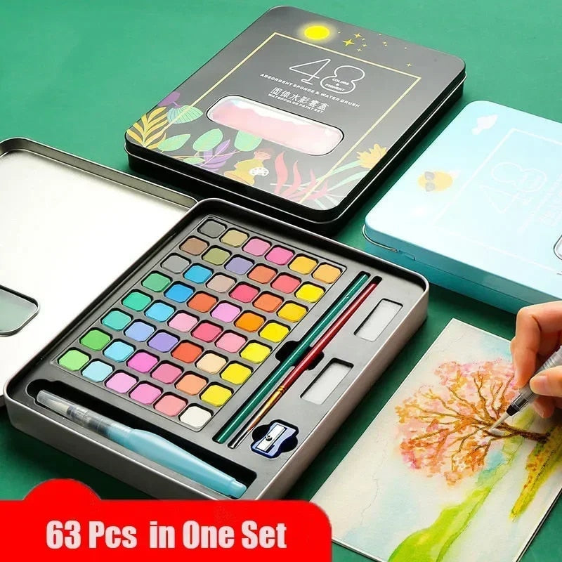 63 Pcs Professional Watercolor Paint Set 48 Colors Painting Set With Paint Brus image 0