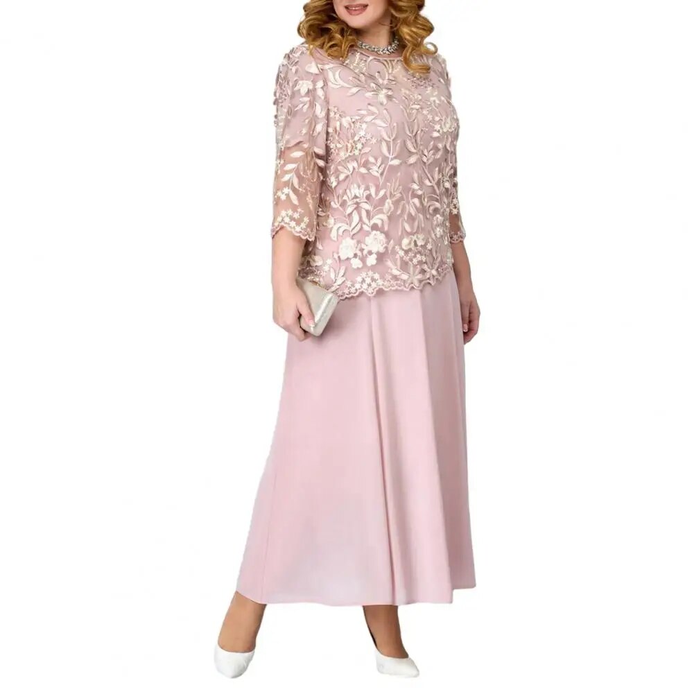 Plus Size Long Dress Elegant Plus Size Maxi Dress with Flower Embroidery Lace D