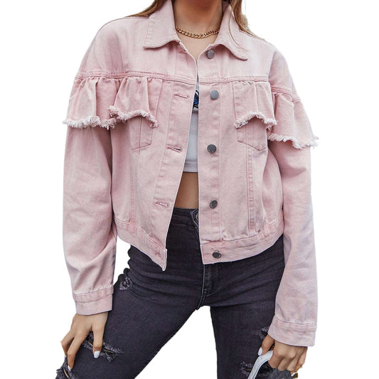 Ladies Frilled Denim Coat with Long Sleeves Collared Neckline and Button Closure