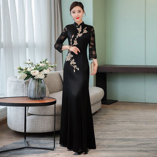 Black Slim Vintage Long Qipao Hanfu Women Ao Dai Dress Chinese Traditional Dres