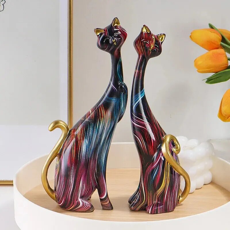 Colorful Cat Statue Oil Painting Cat Couple Sculptures Set Modern Resin Statue image 5