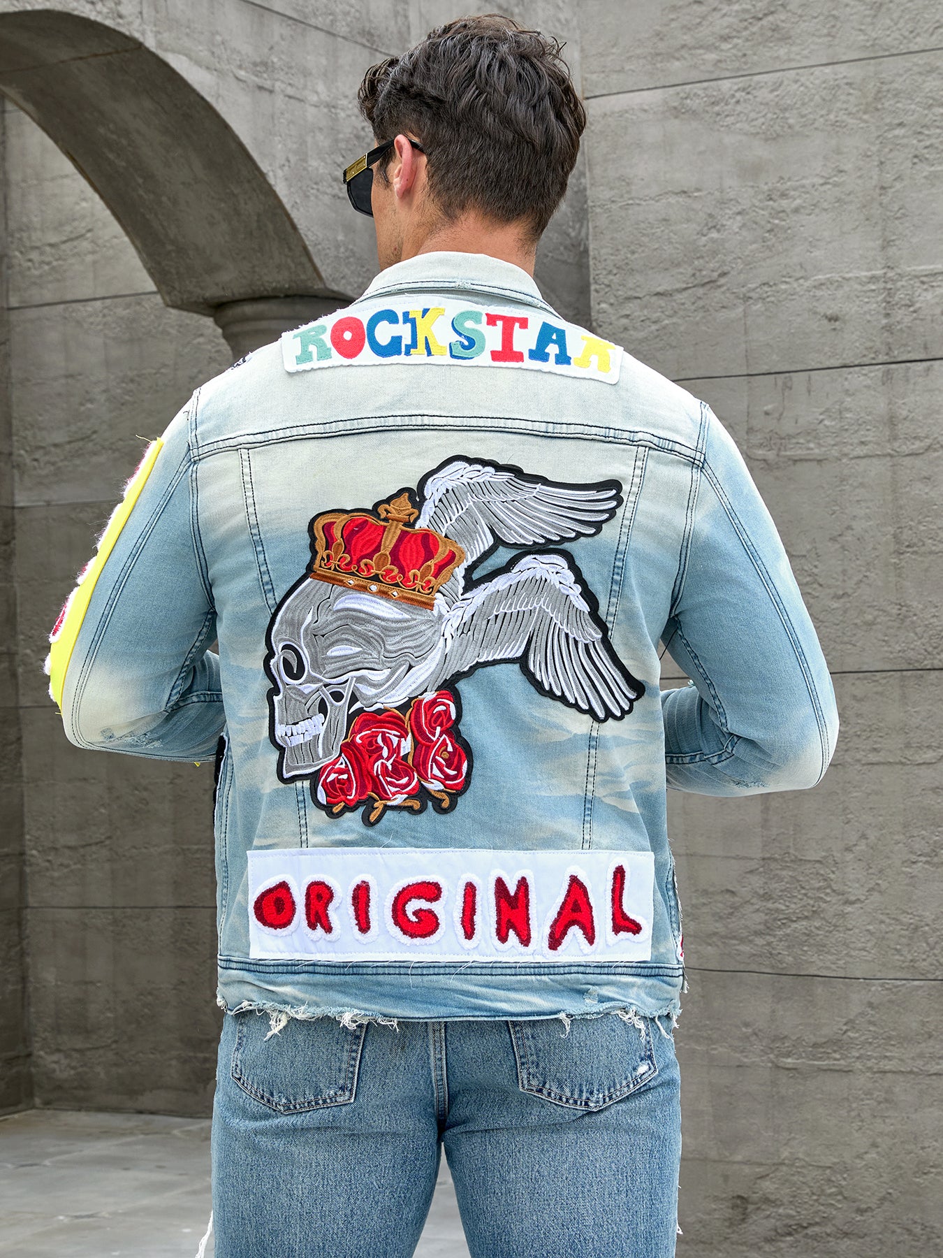 Men's stretch denim jacket, cat creases wash water, full embroidered seal desig image 4