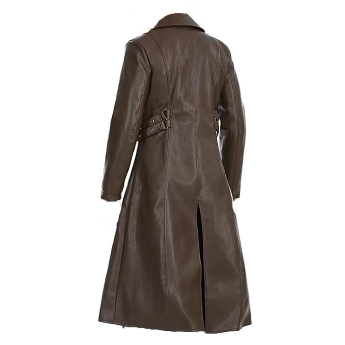 2025 New Steampunk Gothic Mid Length PU Leather Trench Coat Men Dark Brown Blac image 5