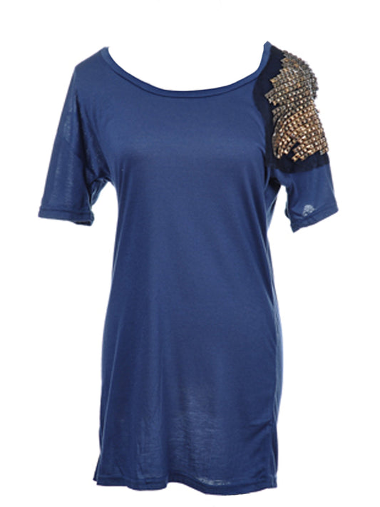 Casual Women Loose Blue Metallic Square Studded Wide Neck Short Sleeve Shirt D