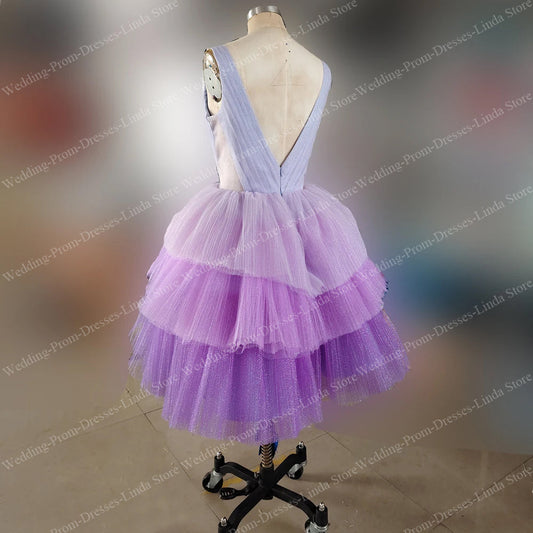 Purple Tiered Homecoming Dresses for Girls Women V-Neck Sleeveless Knee-Length