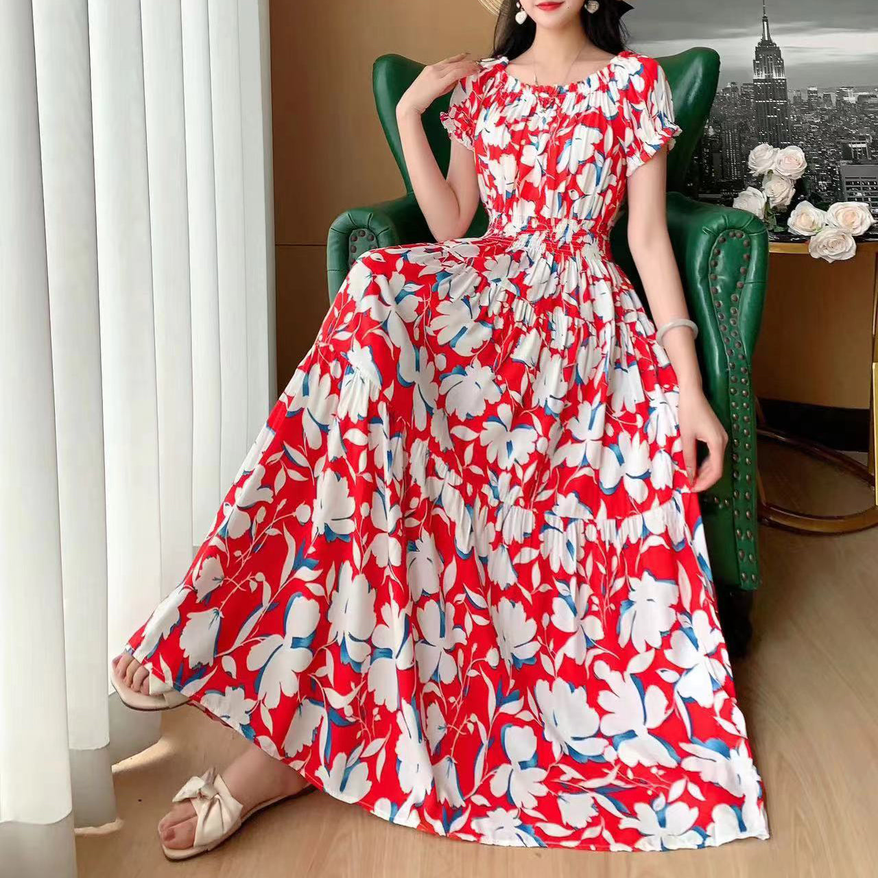 Bohemian Summer Trendy New Elegant Retro Vintage Midi Dress Large Swing Print E