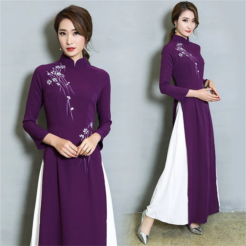 Spring Summer Vintage Chinese Traditional Chiffon Cheongsam Embroidery Flower W