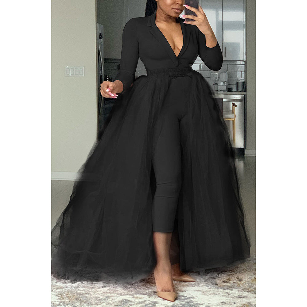 Plus Size Casual V Neck Tulle Solid Long Sleeve Pants Jumpsuits
