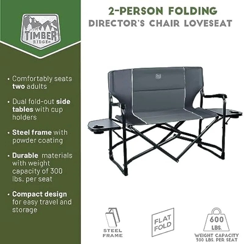 TIMBER RIDGE 38" Wide Oversized Double Foldable Camping Person Lawn Chair with 2