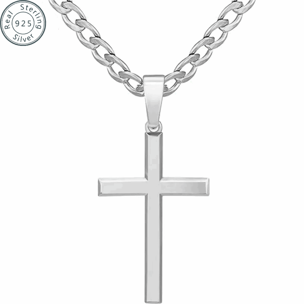 925 Sterling Silver Cross Necklace for Men Women 5mm 18K White Gold Plated Beveled