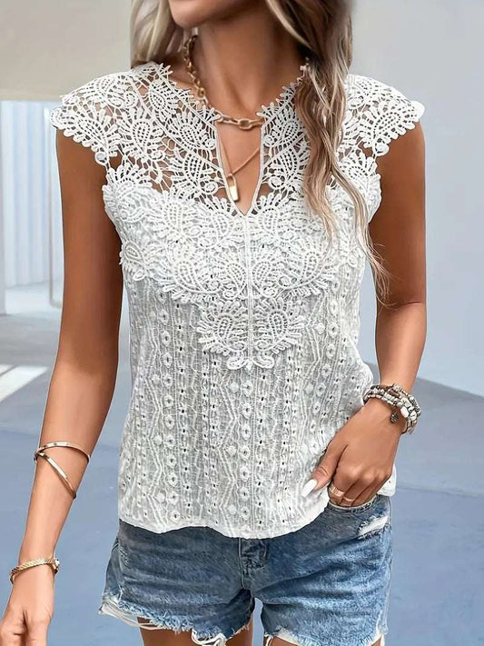 2024 euro-n Womenpring and summer V-neck lace solid color patchwork pullover