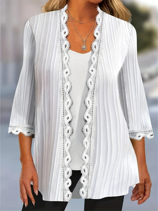 Plus Size 1XL-5XL Elegant Coat Women's Plus Solid Ribbed Contrast Lace Three Qu image 0