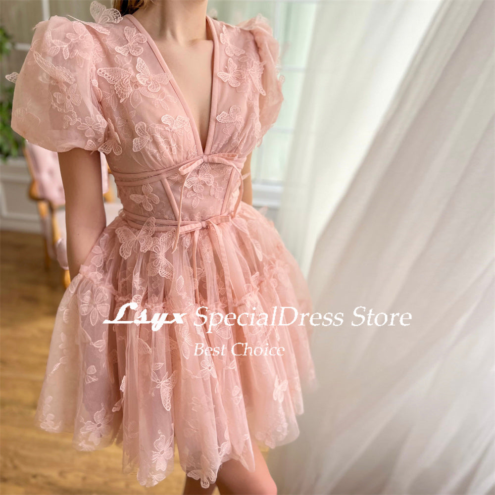 LSYX Above Knee Short Sleeves Butterflies Homecoming Dresses 2024 Tulle V Neck image 8