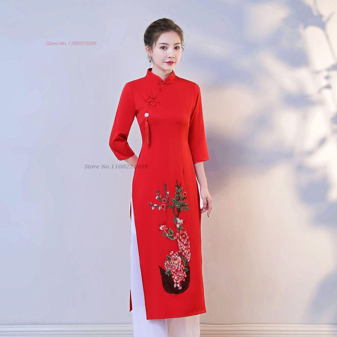 2024 ao dai cheongsam dress oriental qipao dress+pants set vietnam vintage flow