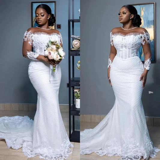 African White Mermaid Wedding Dresses Women Elegant Sheer Long Sleeved Bridal G