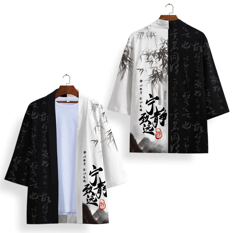 Black White Kimono Cosplay Samurai Haori Obi Women Men Cardigan Beach Yukata Co