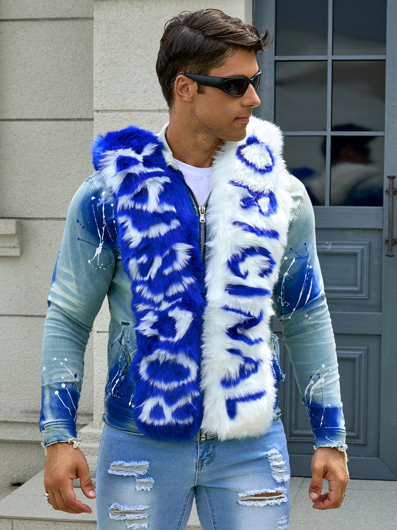 Men's fashion stretch jacket, full strip printing, fashion wash, has a very fas