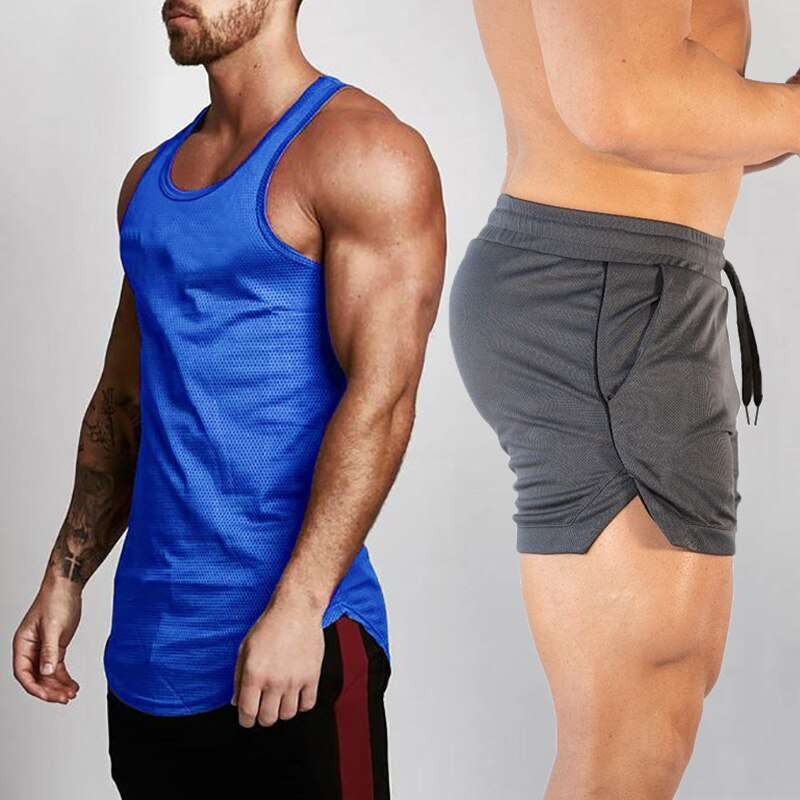 2pcs Sets Tank Top+Shorts Menummer Joggers Suits Bodybuilding Fitness Men Tracksuits Gym Clothing Streetwear Mesh Sweatpant