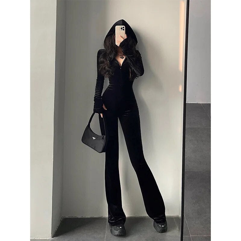 TVVOVVIN Fashion Black Velvet Slim Hooded Zipper Long Sleeve Flare Pants Jumpsu