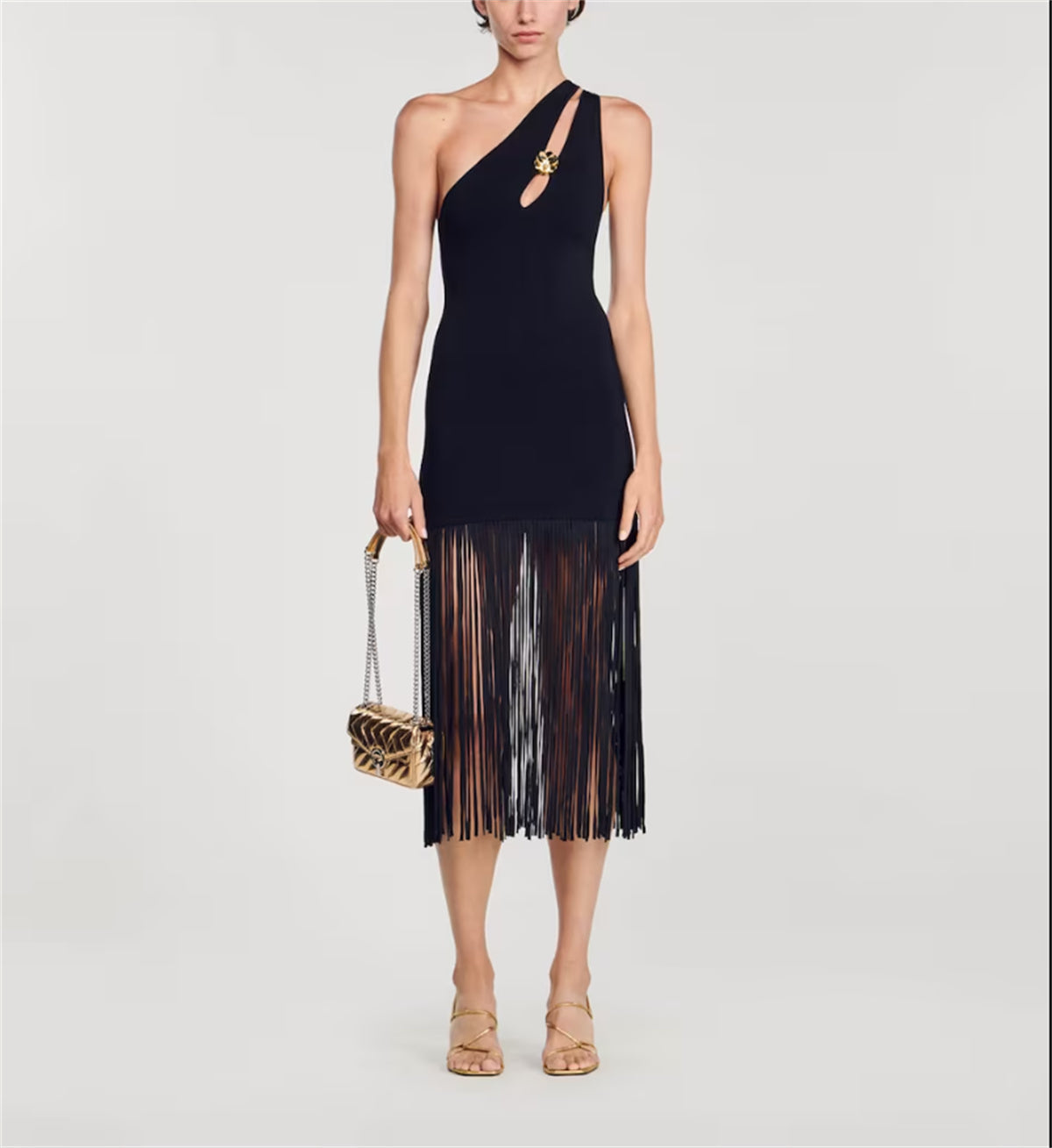Fashion Black Fringe Cocktail Dress One Shoulder Cutout Mini Prom Dress Fa