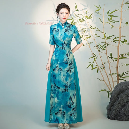 2024 chinese improved qipao dress national flower print vietnam ao dai dress el