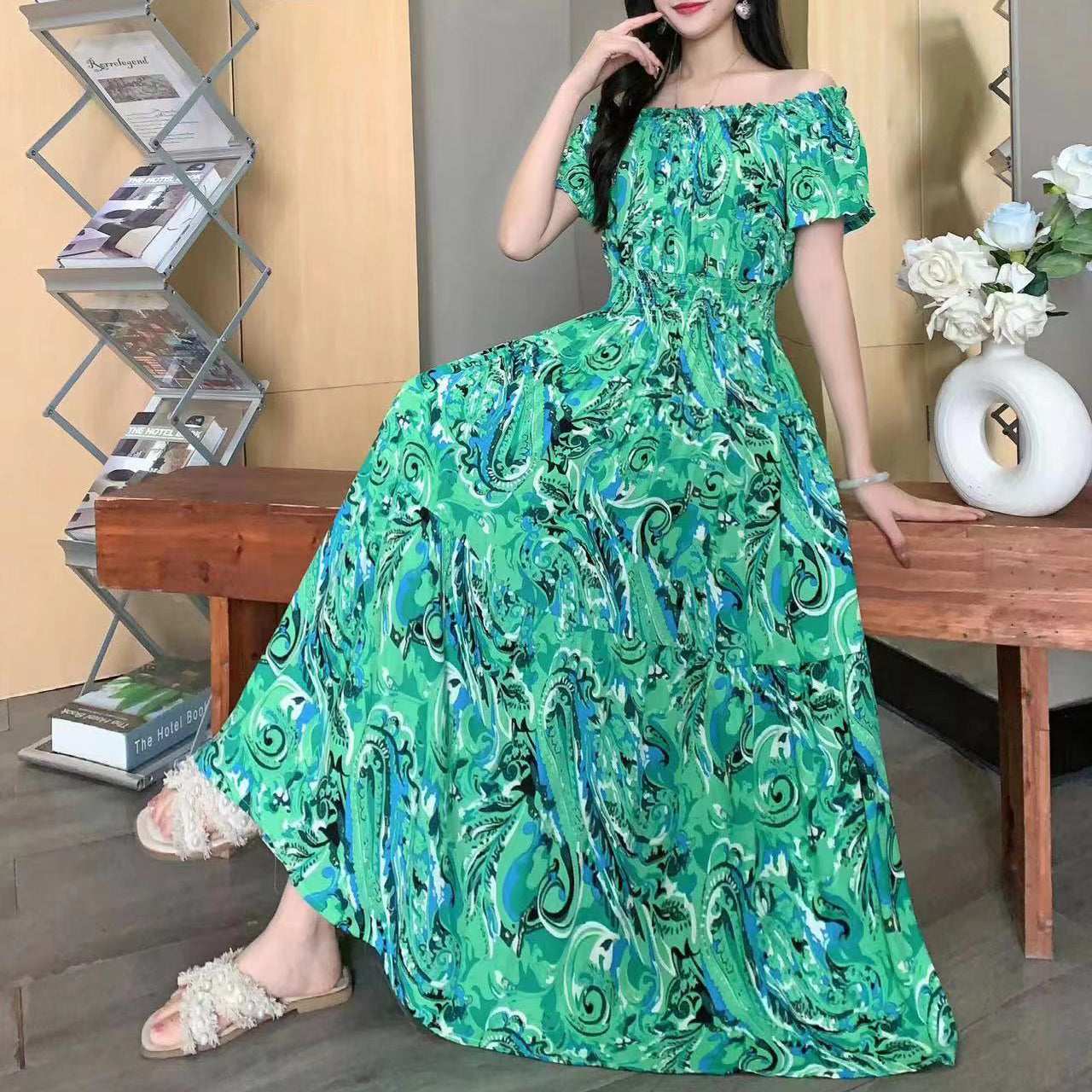 Women Bohemian Style Beach Maxi Long Dress Floral Cotton Off Shoulder Round N