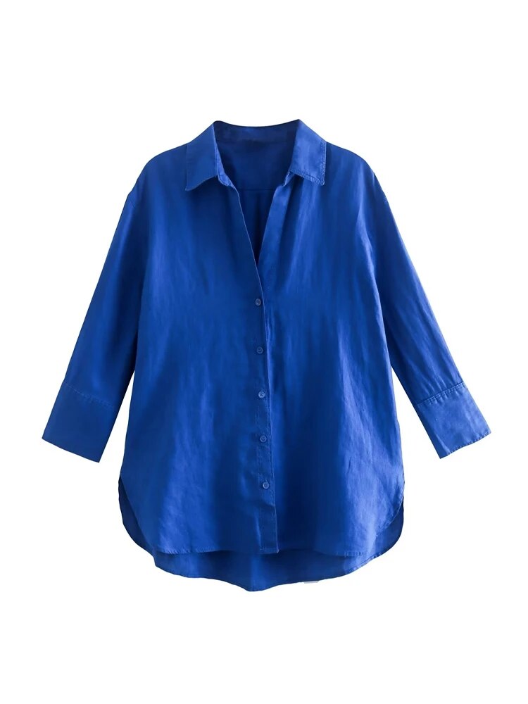 Women Fashion With Side Vents Asymmetric Loose Linen Shirts Vintage Long S