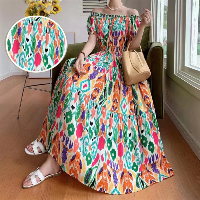 Women Bohemian Style Beach Maxi Long Dress Floral Cotton Off Shoulder Round N