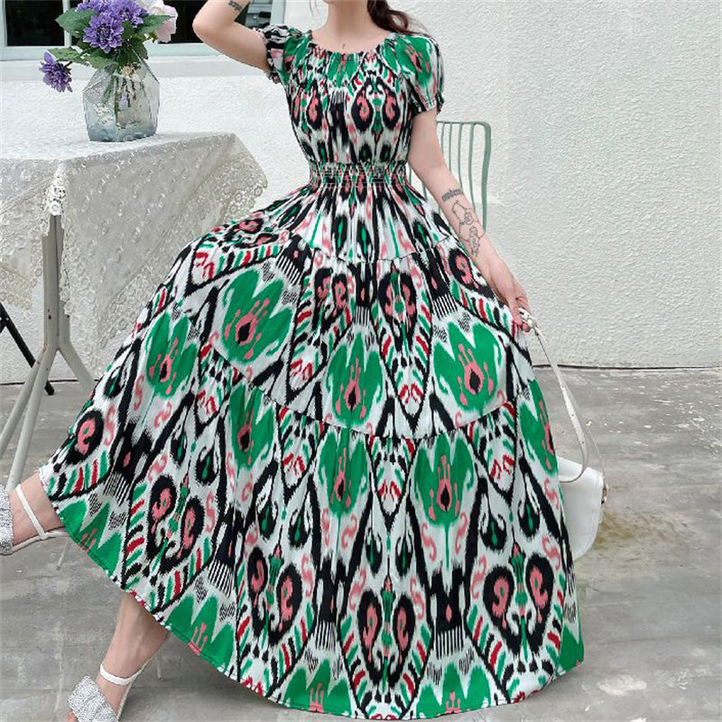 Women Bohemian Style Beach Maxi Long Dress Floral Cotton Off Shoulder Round N