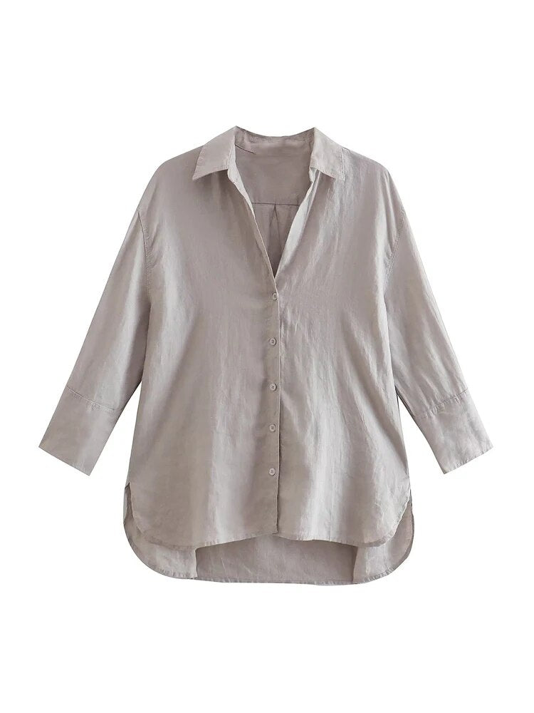 Women Fashion With Side Vents Asymmetric Loose Linen Shirts Vintage Long S