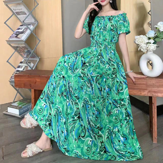 Women Bohemian Style Beach Maxi Long Dress Floral Cotton Off Shoulder Round N