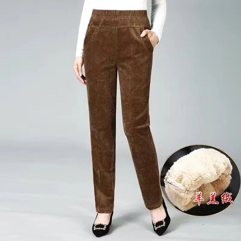 Plush Thick Casual Pants Fleece Pencil Pants Women Corduroy Warm High Waist P
