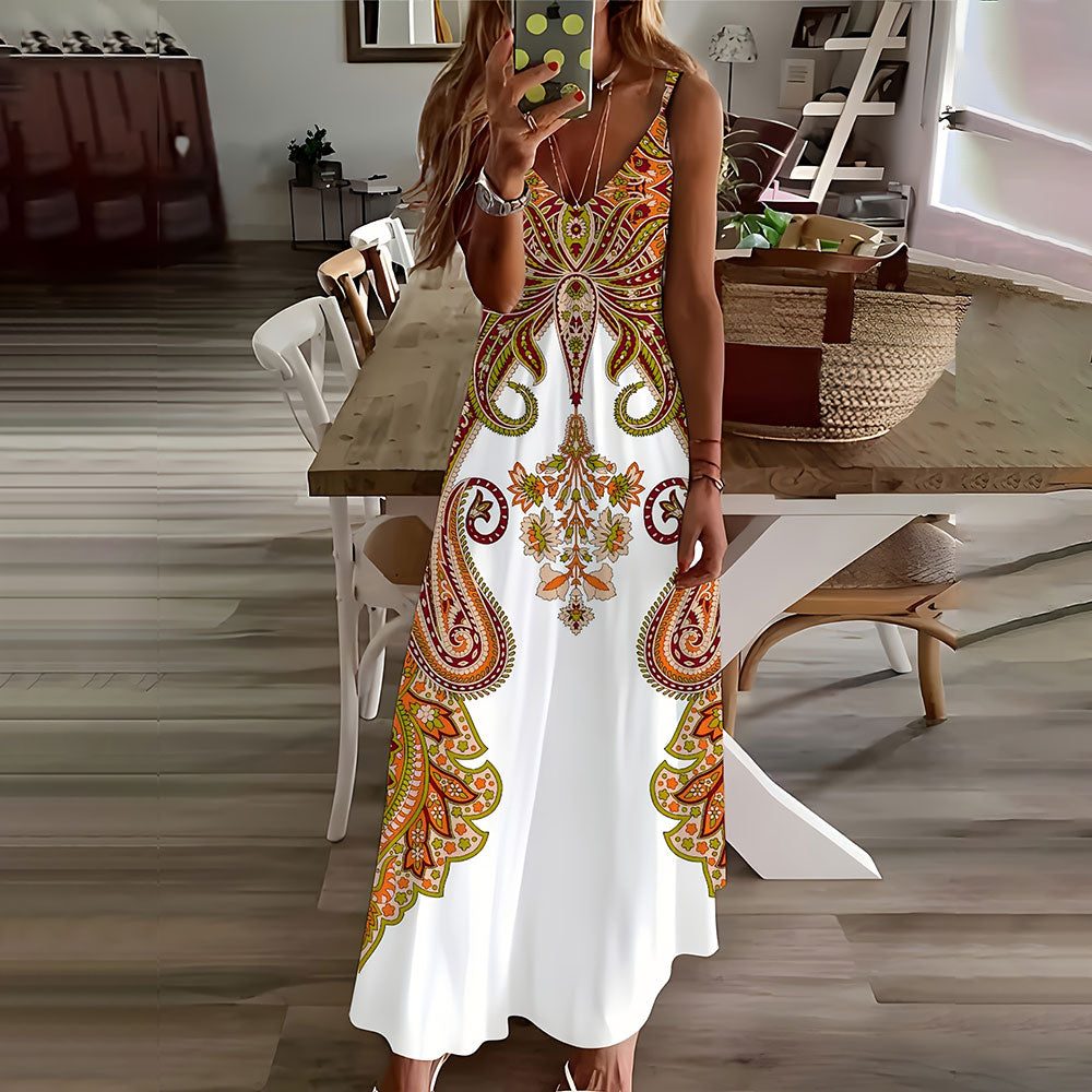 Women Dress Fashion Paisley Full-Body Print V-Neck Halter Dress Degree Casual