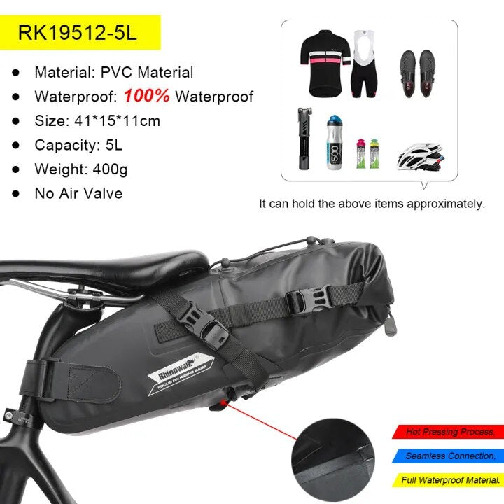 Rhinowalk Bike Saddle Bag Waterproof 5L-13L Large Capacity Foldable Tail Rear B