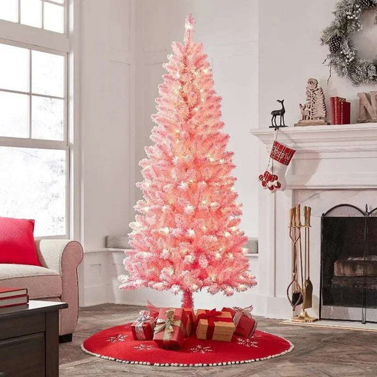 6.5 ft Pre-Lit Pink Flocked Pine Artificial Christmas Tree, 200 Clear Lights, P