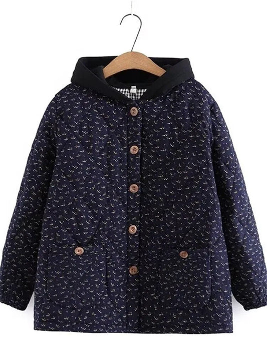 Plus Size Women Winter Jacket Hooded Long Sleeve With Buttons Thicker Jacket