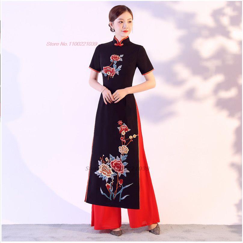 traditional ao dai cheongsam elegant vietnam dress oriental dress+pants s