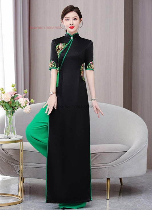 2024 vietnam traditional aodai dress+pants set national flower embroidery impro