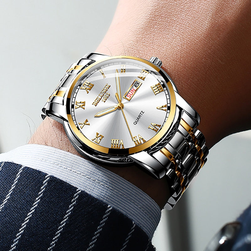 BELUSHI Men Watch Stainless Steel Top Quailty Luxury Push Button Hidden Clasp W image 18