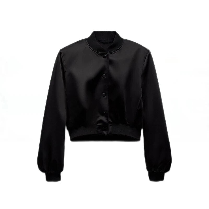 ZBZA Women Autumn New Silk Satin Texture Bomber Jacket Round Collar Long Slee