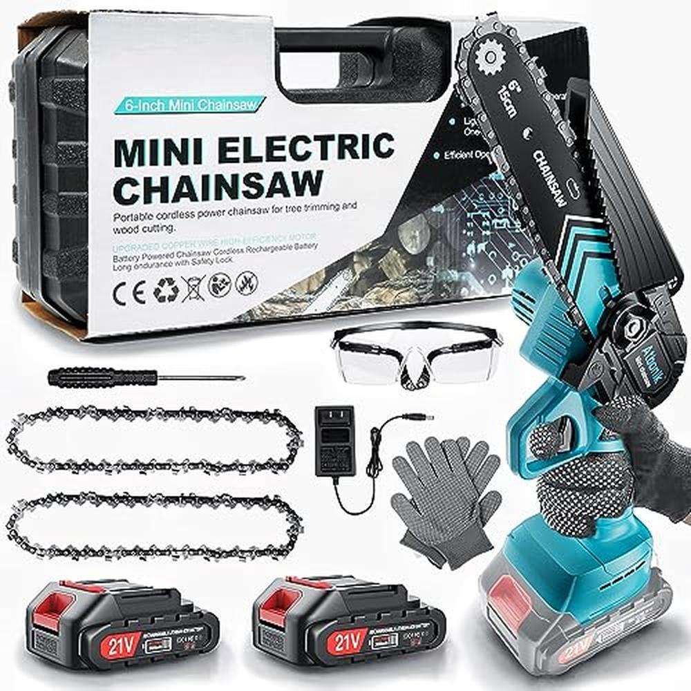 Portable 6-InCordless Electric Chainsaw Kit with 2 Batteries and Safety Lock