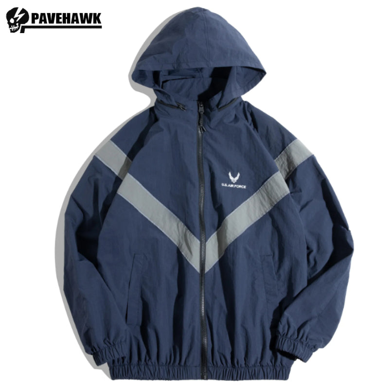 Men Pilot Training Jacket Reflective Embroidered Hooded Cargo Top Thin Quick D