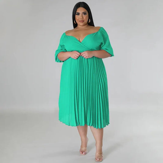Plus Size Office Lady Pleated Dress Summer Women Clothes Half Sleeve Ruched Lad